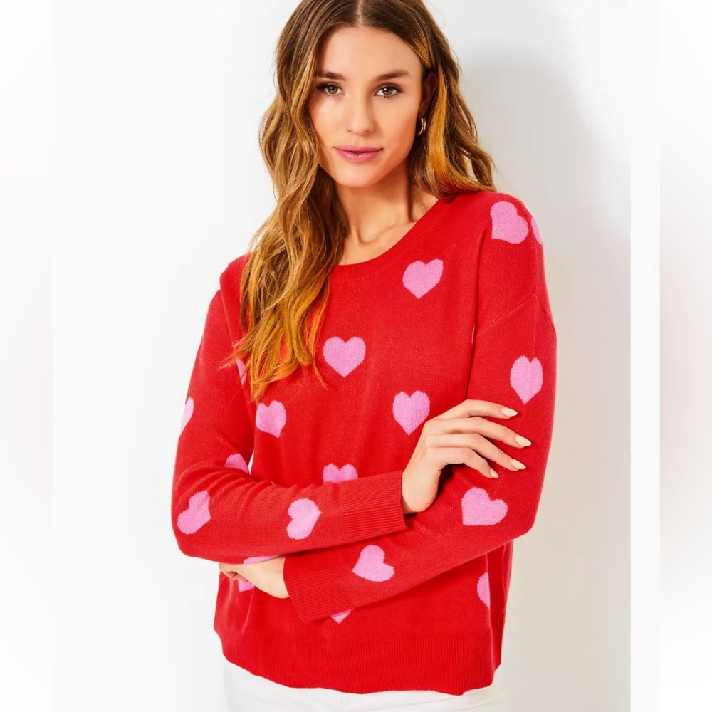 Lilly Pulitzer Tensley Red sweater with pink hearts - Picture 1 of 7